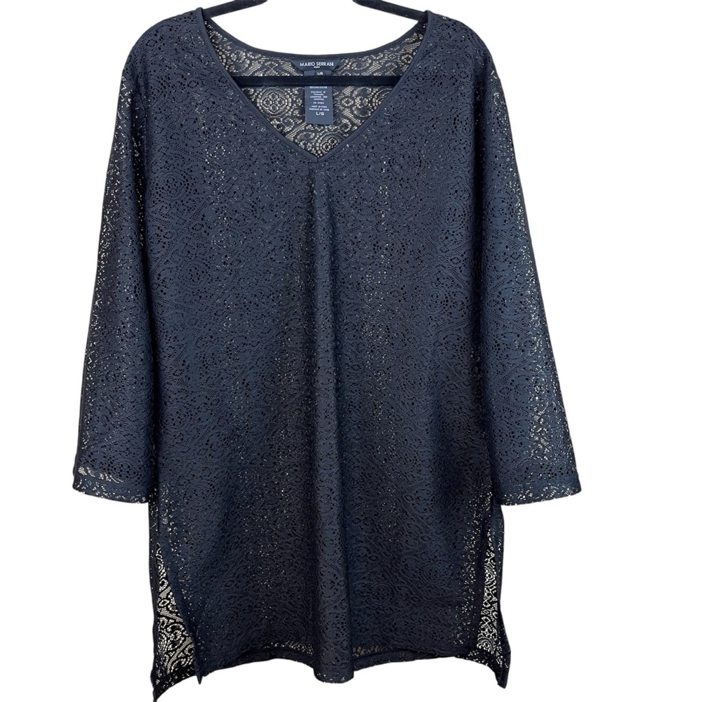 MARIO SERRANI Italy, Black Lace Swimsuit Cover Up Dress, Long Sleeve, Like New